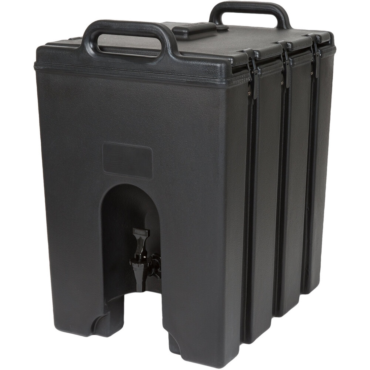 Cambro 1000LCD110 black insulated beverage dispenser, three-quarter angle view showing handles, latch hardware, and recessed spigot
