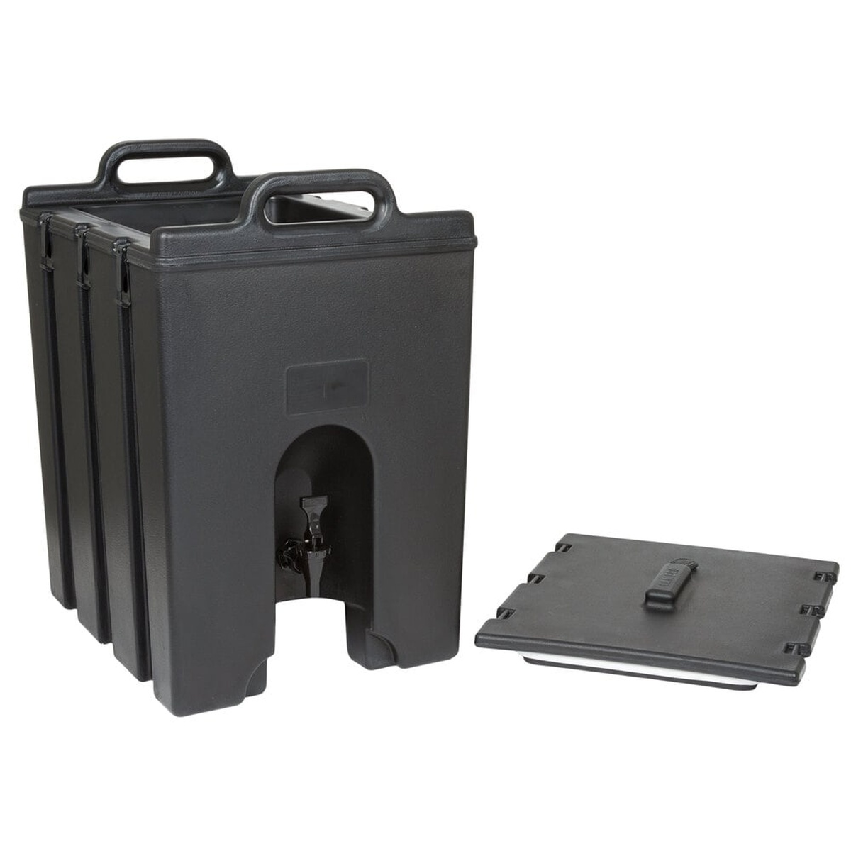 Cambro 1000LCD110 black insulated beverage dispenser shown with lid removed beside unit, revealing interior opening