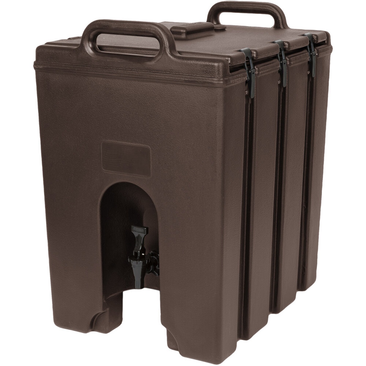 Cambro 1000LCD131 dark brown 11.75-gallon insulated beverage dispenser with molded handles, lid latches, and recessed spigot
