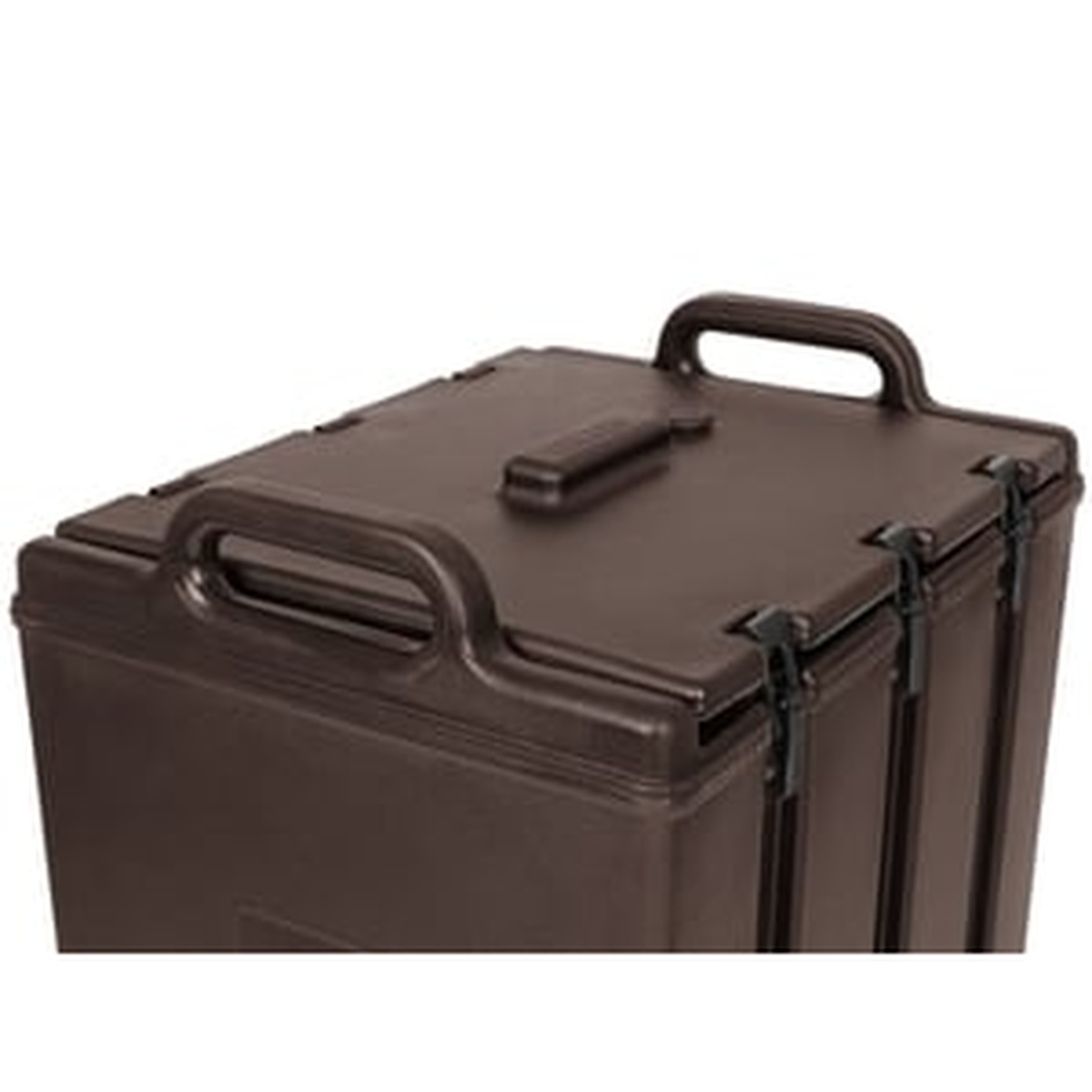 Top view of Cambro Camtainer showing molded carry handles and corrosion-resistant plastic lid latches