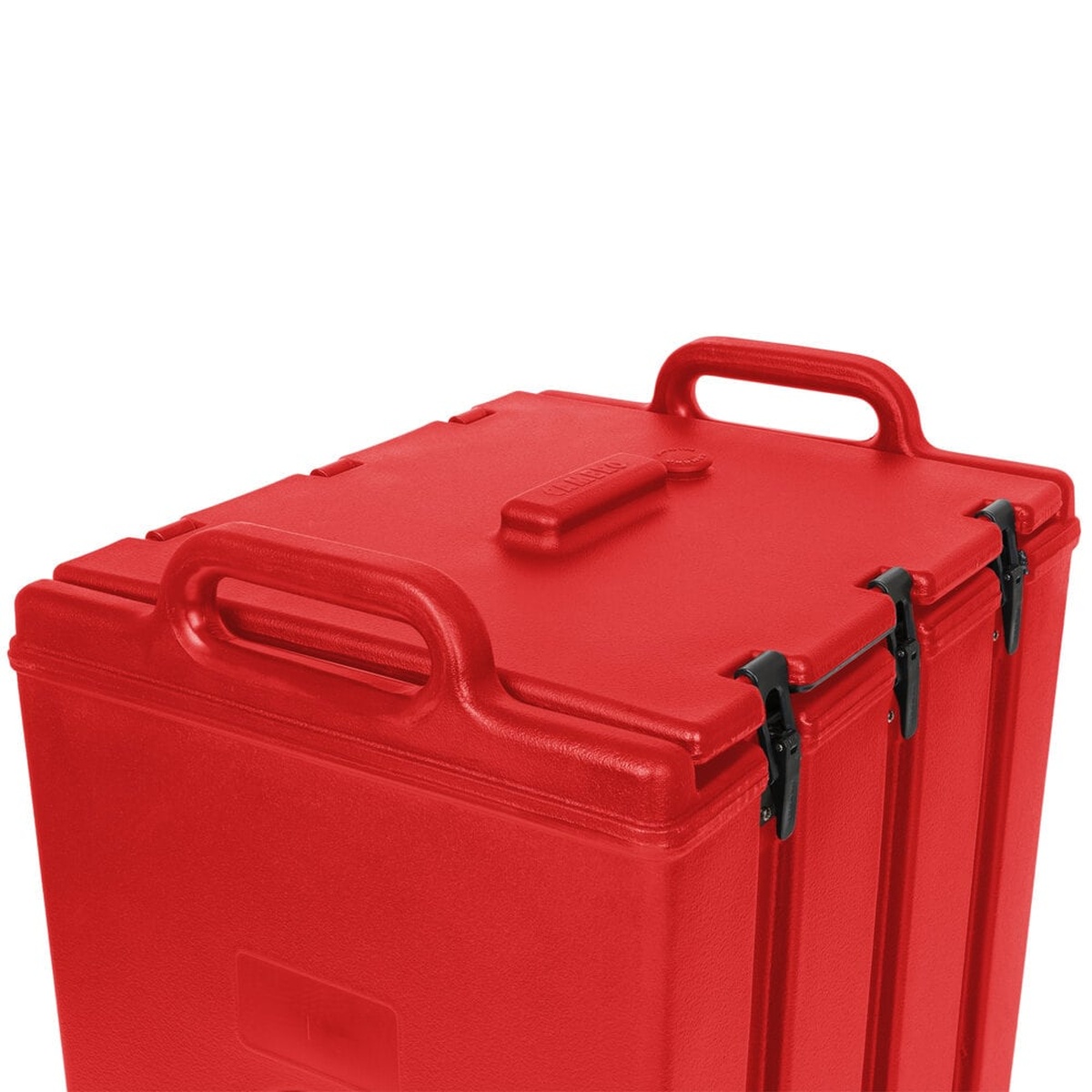 Close-up of Cambro 1000LCD158 lid, corrosion-resistant plastic latches, and stacking design