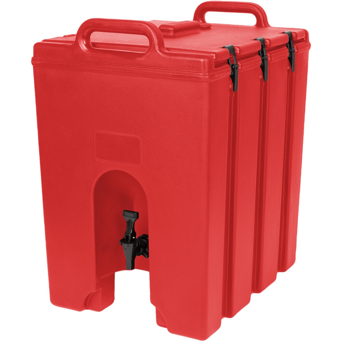 Cambro 1000LCD158 Hot Red insulated beverage dispenser, angled view showing spigot and latches