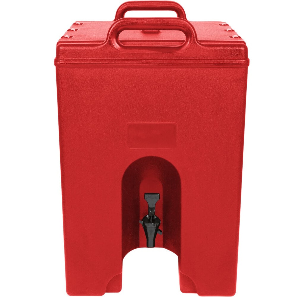 Front view of Cambro 1000LCD158 Hot Red beverage dispenser showing recessed spigot and carrying handle