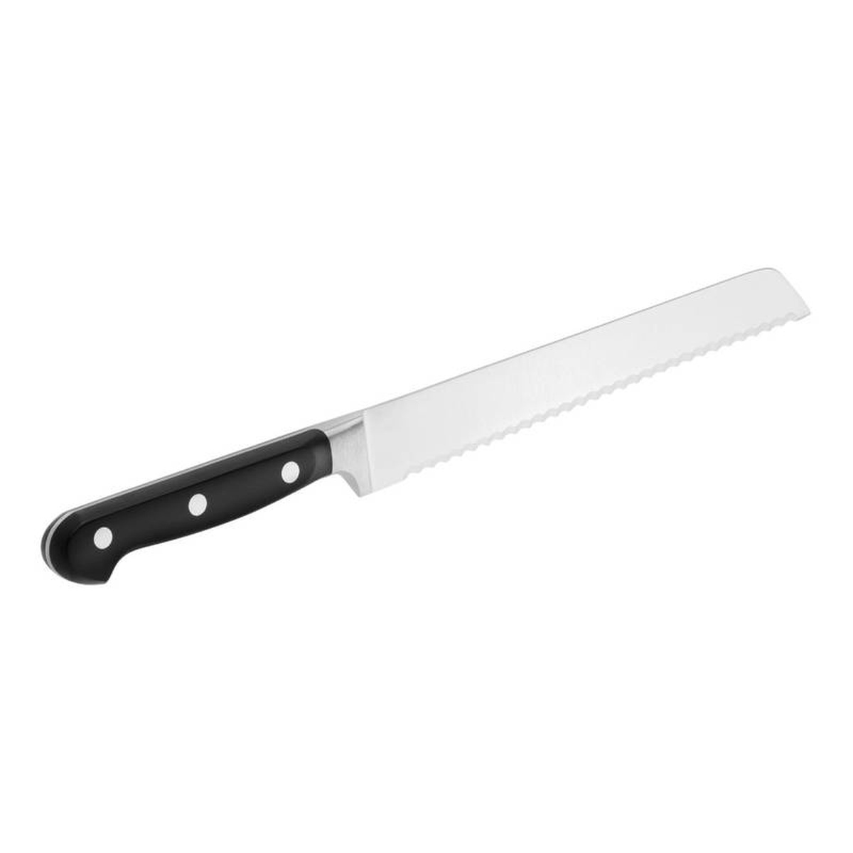 ZWILLING Professional S bread knife angled view highlighting the serrated blade and ergonomic black handle