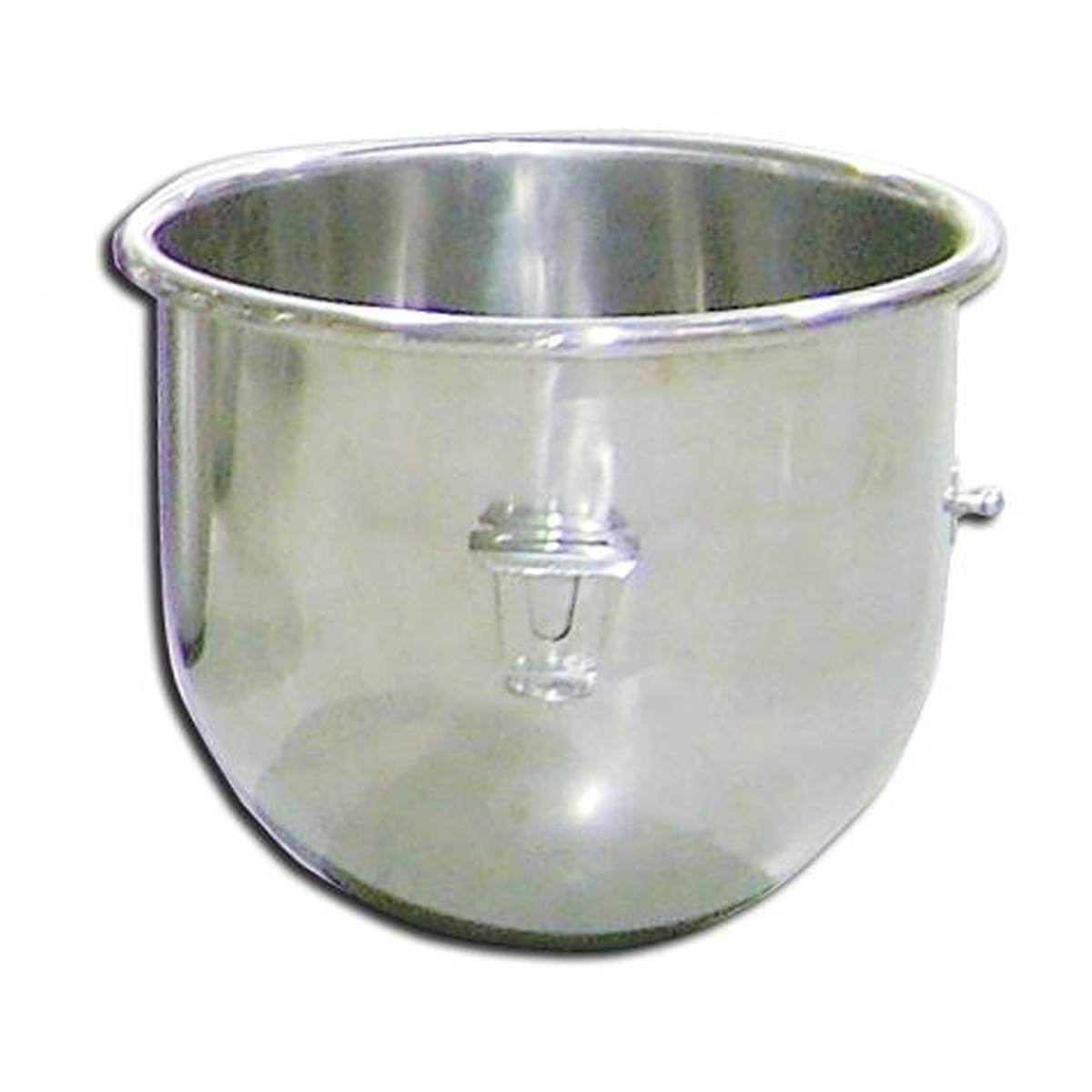 Omcan stainless steel 10 qt replacement mixer bowl with locking studs on white background