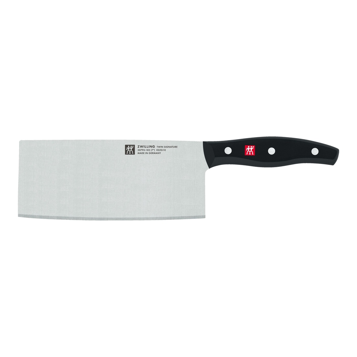 Zwilling Signature 7-inch Chinese Chef's Knife profile view showing the triple-rivet handle and broad blade.