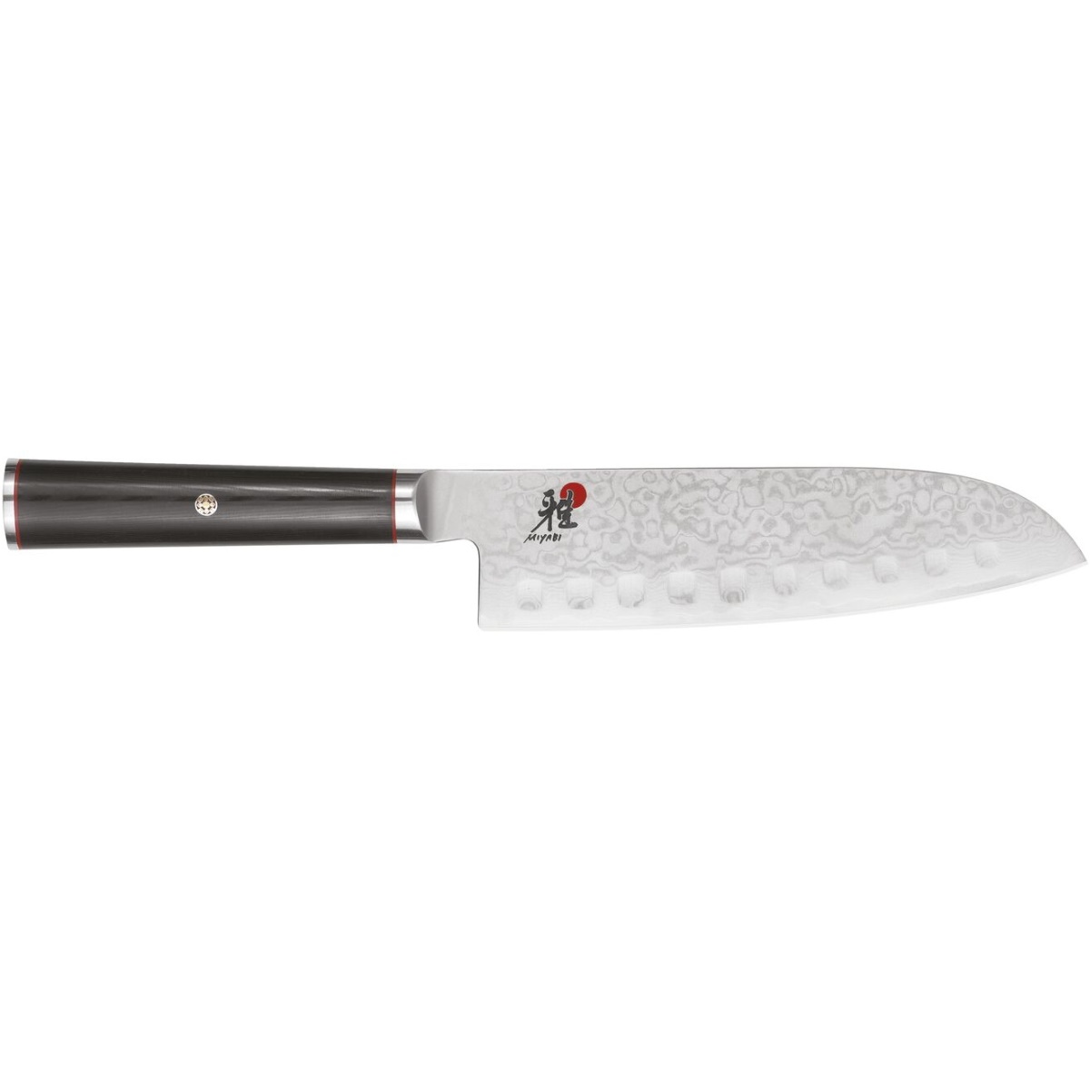 Miyabi Kaizen 7-inch hollow edge Santoku knife with Damascus blade and black Micarta D-shaped handle