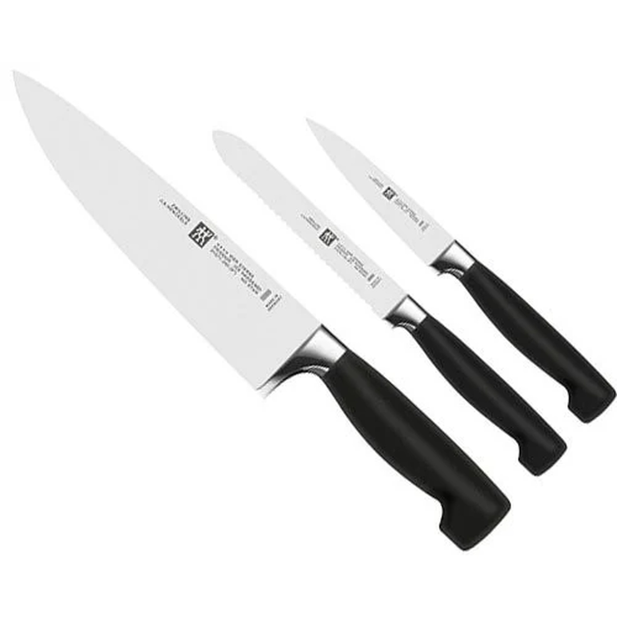 Zwilling Four Star 3-piece knife set showing 8-inch chef's knife, 5-inch serrated utility knife, and 4-inch paring knife with black polypropylene handles