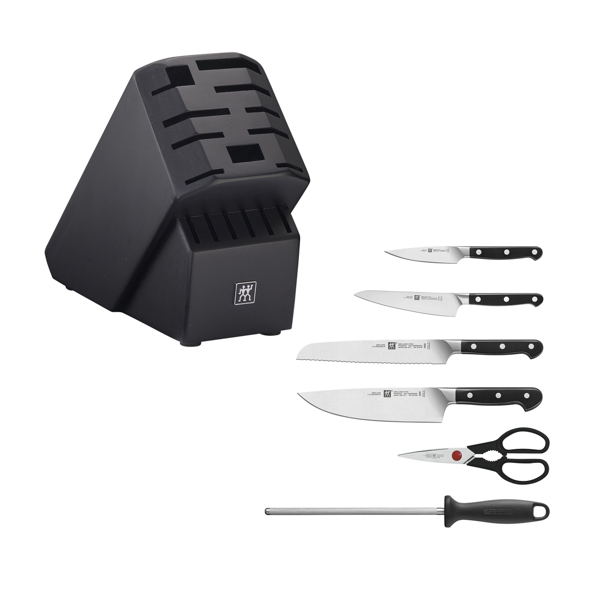 All seven components of the ZWILLING Pro knife block set laid out flat: four knives, shears, sharpening steel, and block