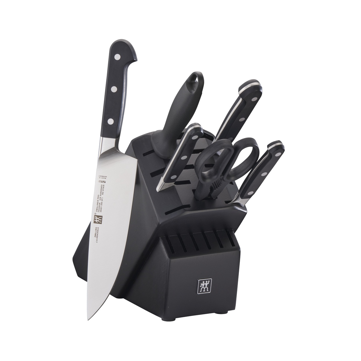 ZWILLING Pro 7-piece knife block set with black matte hardwood block and assorted knives displayed
