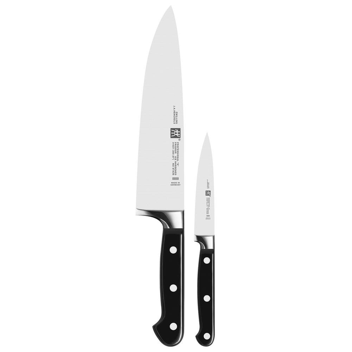 ZWILLING Professional S 2-piece knife set showing chef's knife and paring knife with black three-rivet handles and stainless steel blades