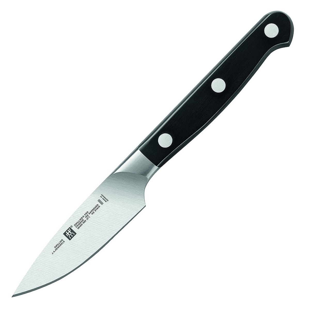 ZWILLING Pro 3-inch Paring Knife with black triple-rivet polymer handle and stainless steel spear point blade
