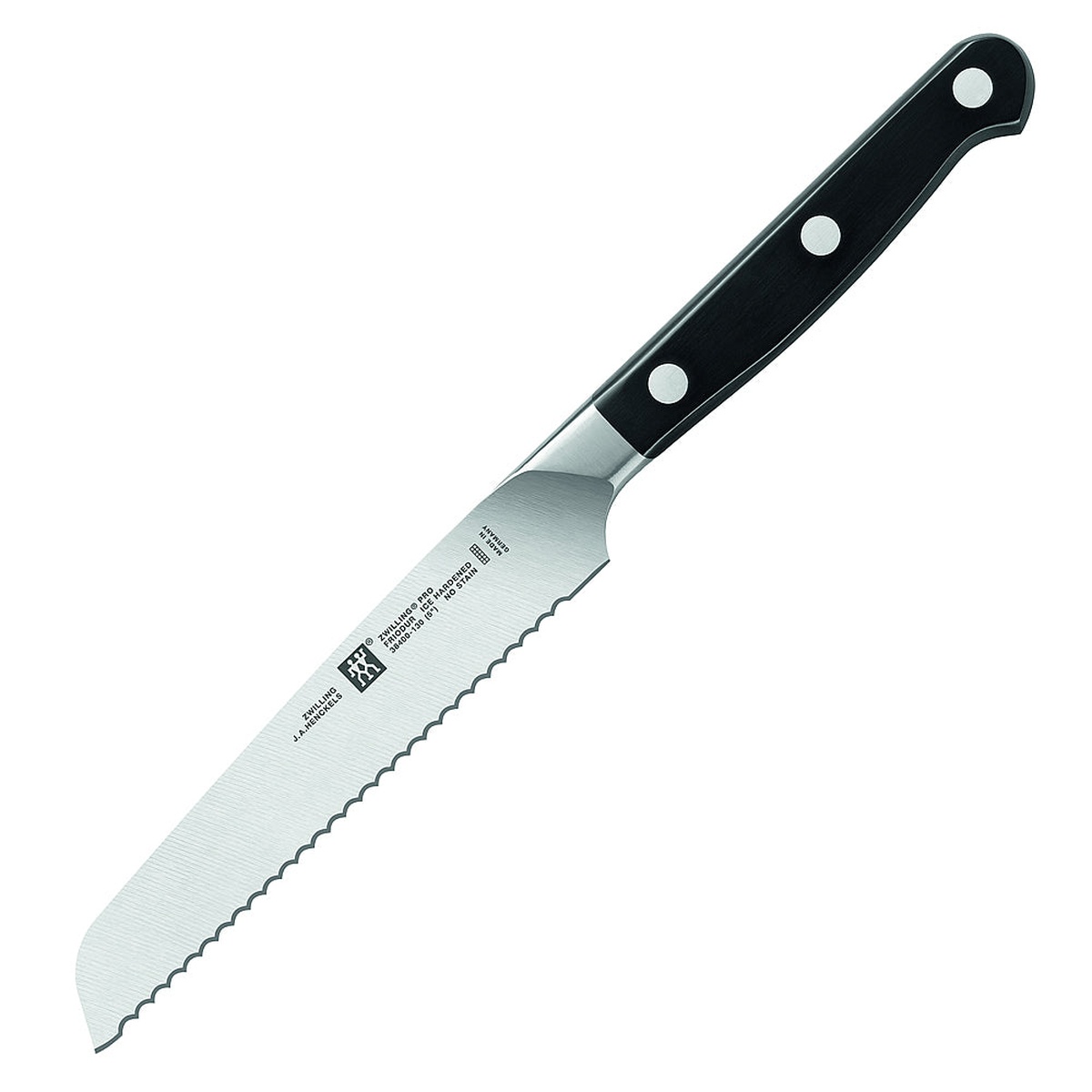 Zwilling Pro 5-inch serrated utility knife with black triple-riveted handle and stainless steel serrated blade