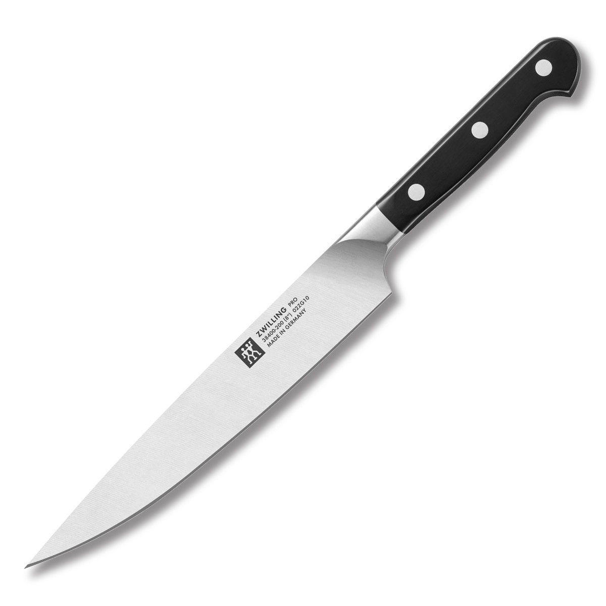 ZWILLING Pro 8-inch slicing carving knife with black ABS handle and stainless steel blade on white background