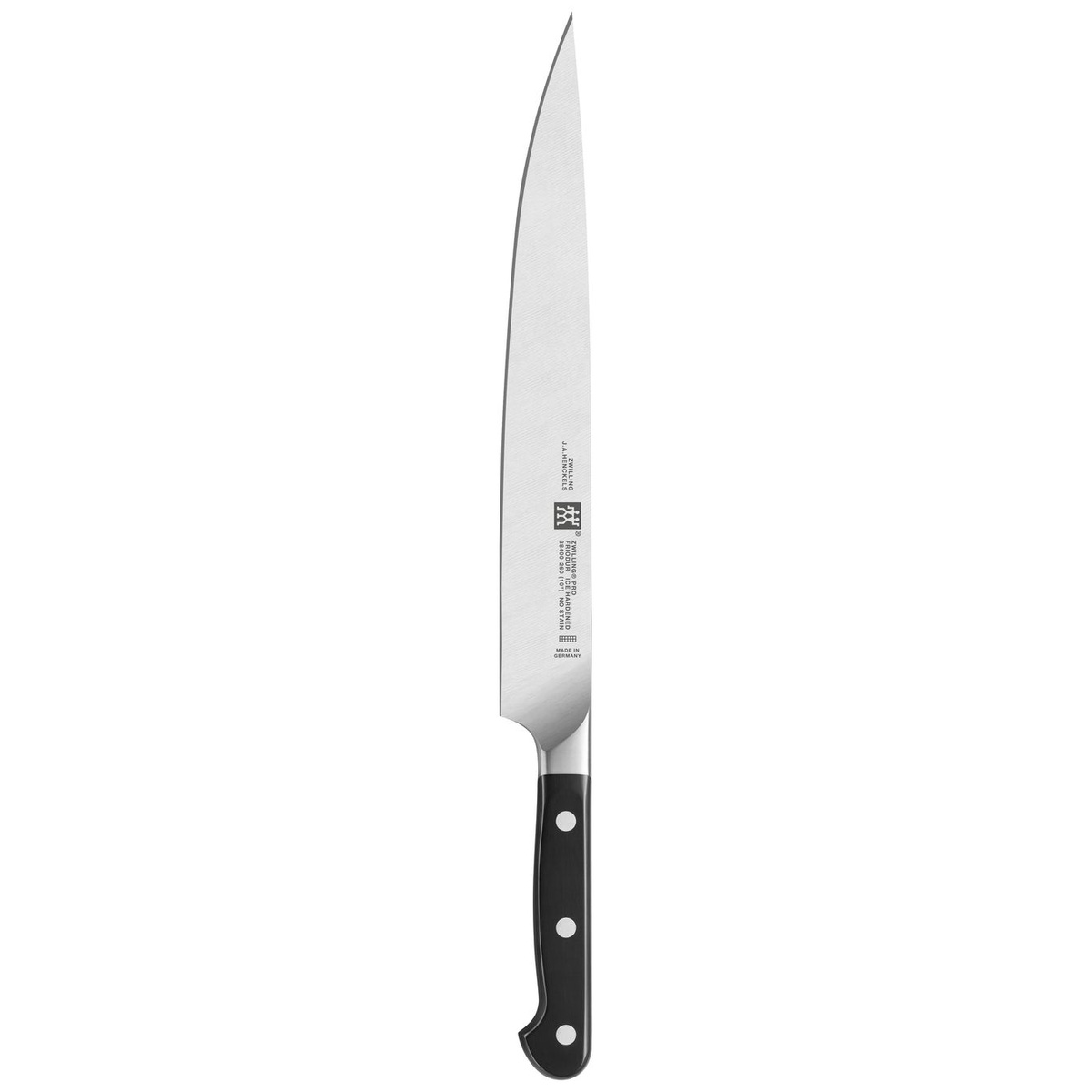 Zwilling Pro 10 inch slicing knife with a long slender blade and triple riveted handle