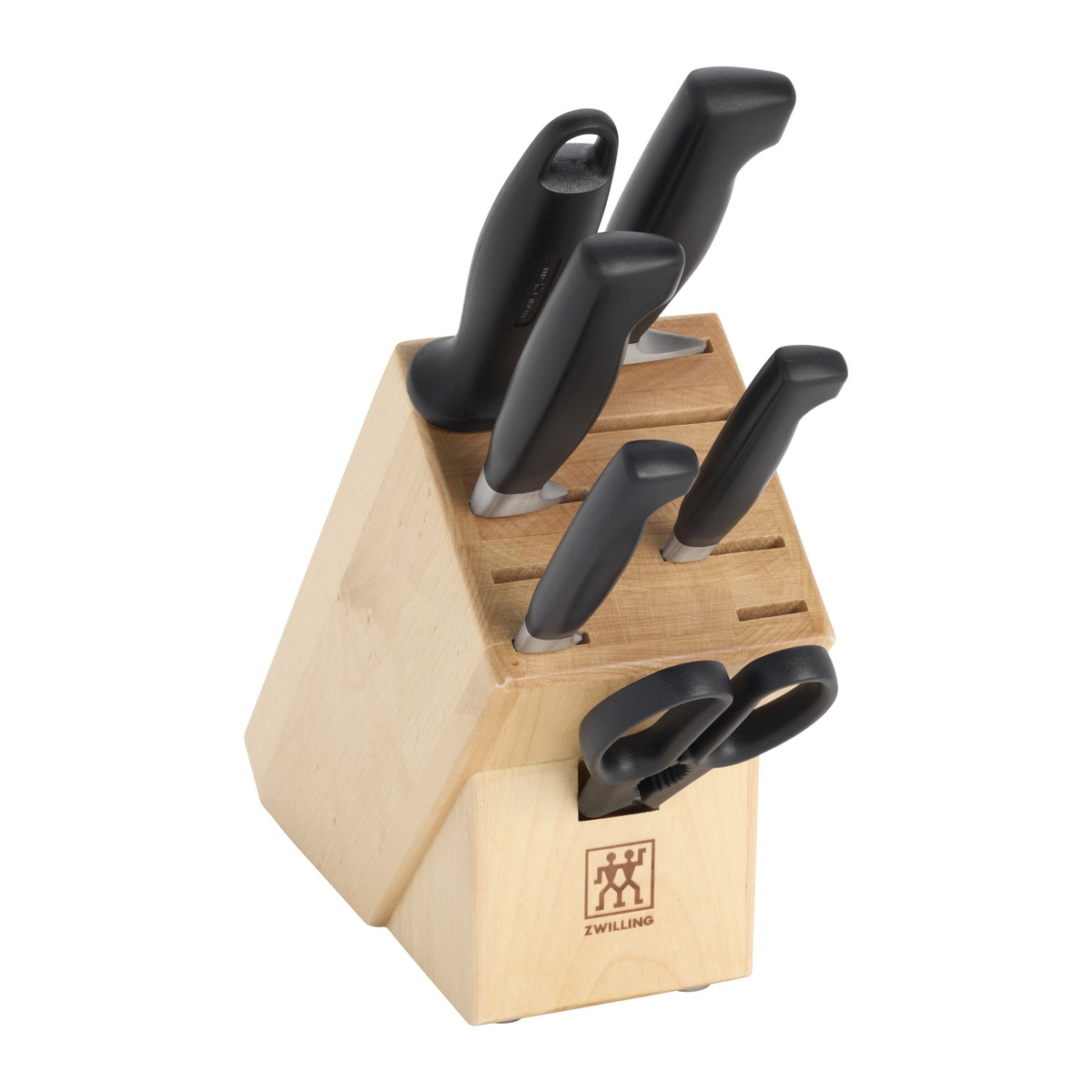 ZWILLING Four Star Eco 7-piece knife block set with black handles in natural hardwood block