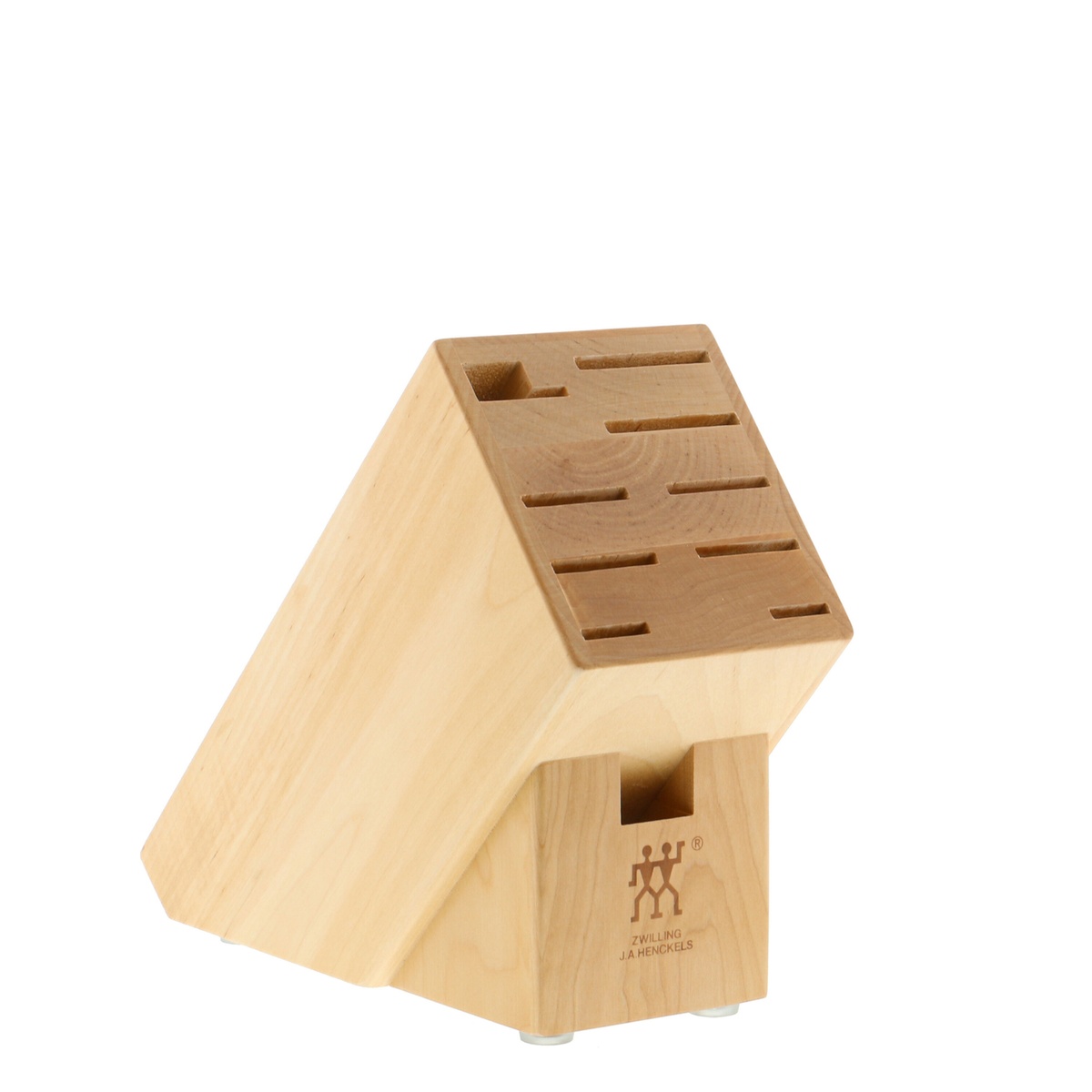 Natural hardwood ZWILLING knife block with 10 storage slots, empty, angled view