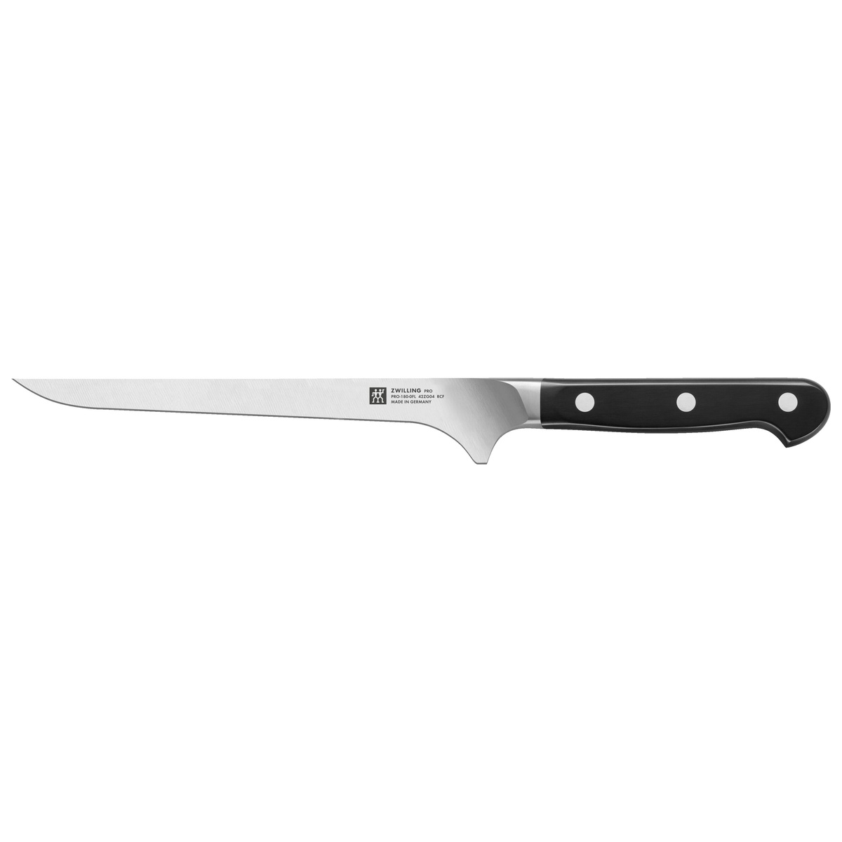 Side profile of the Zwilling Pro 7-inch filleting knife showing its slim and flexible blade