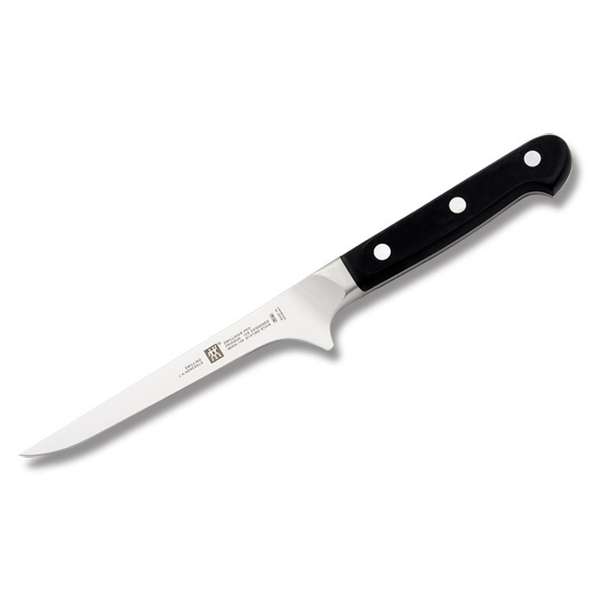 ZWILLING Pro 5.5 inch flexible boning knife with black triple-riveted handle and slim stainless steel blade on white background
