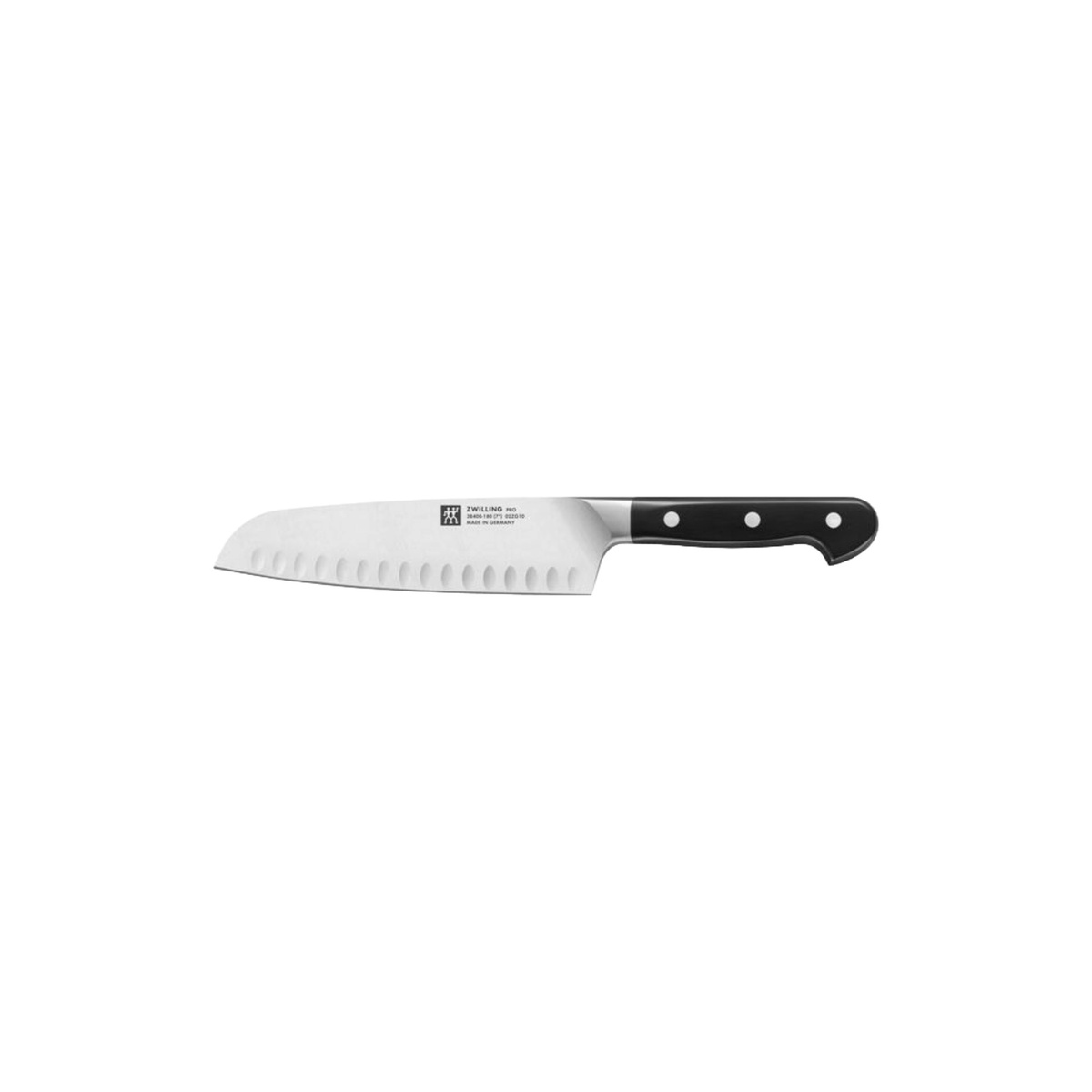 ZWILLING Pro 7-inch hollow edge santoku knife with triple-riveted black handle and granton edge blade