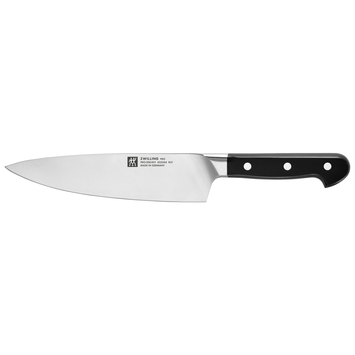 ZWILLING Pro 8-inch Traditional Chef's Knife with stainless steel blade and black triple-rivet handle, side profile view