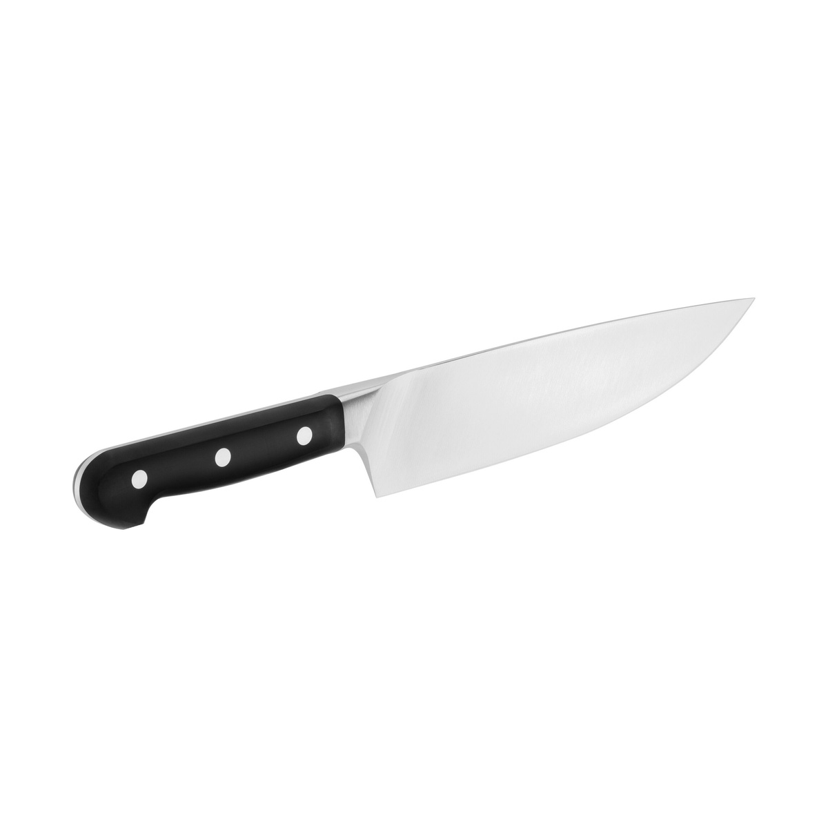 ZWILLING Pro chef's knife angled view showing stainless steel blade curvature and black handle with three rivets