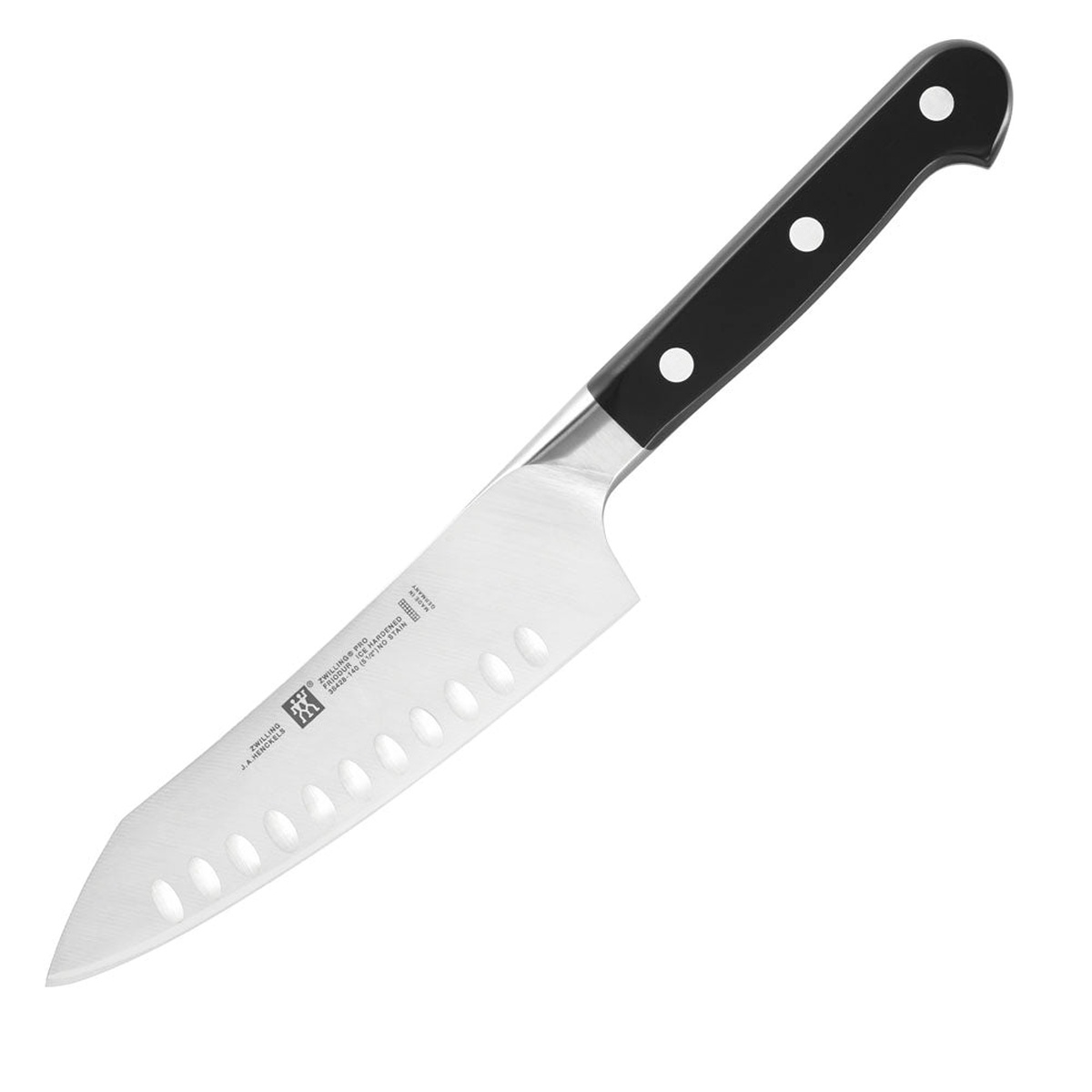 Zwilling Pro 7-inch Rocking Santoku Knife with black triple-rivet polymer handle and hollow-edge high carbon stainless steel blade
