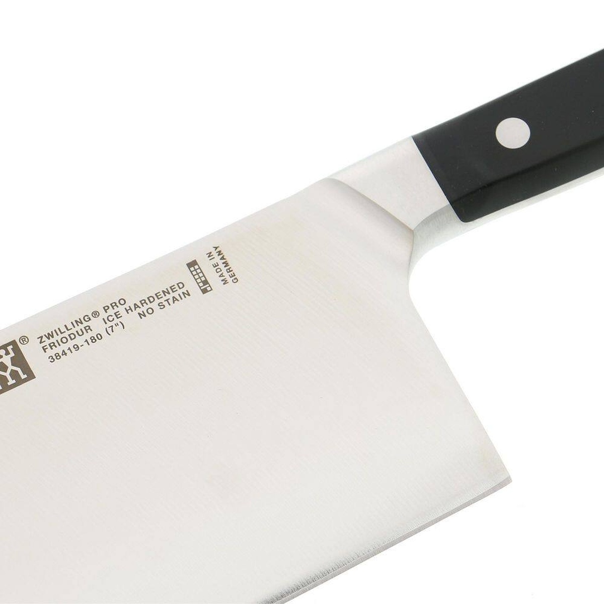 Close up of Zwilling Pro curved bolster and blade markings