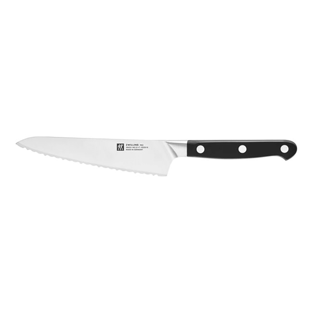 Zwilling Pro 5.5-inch serrated prep knife with black triple-riveted handle on white background