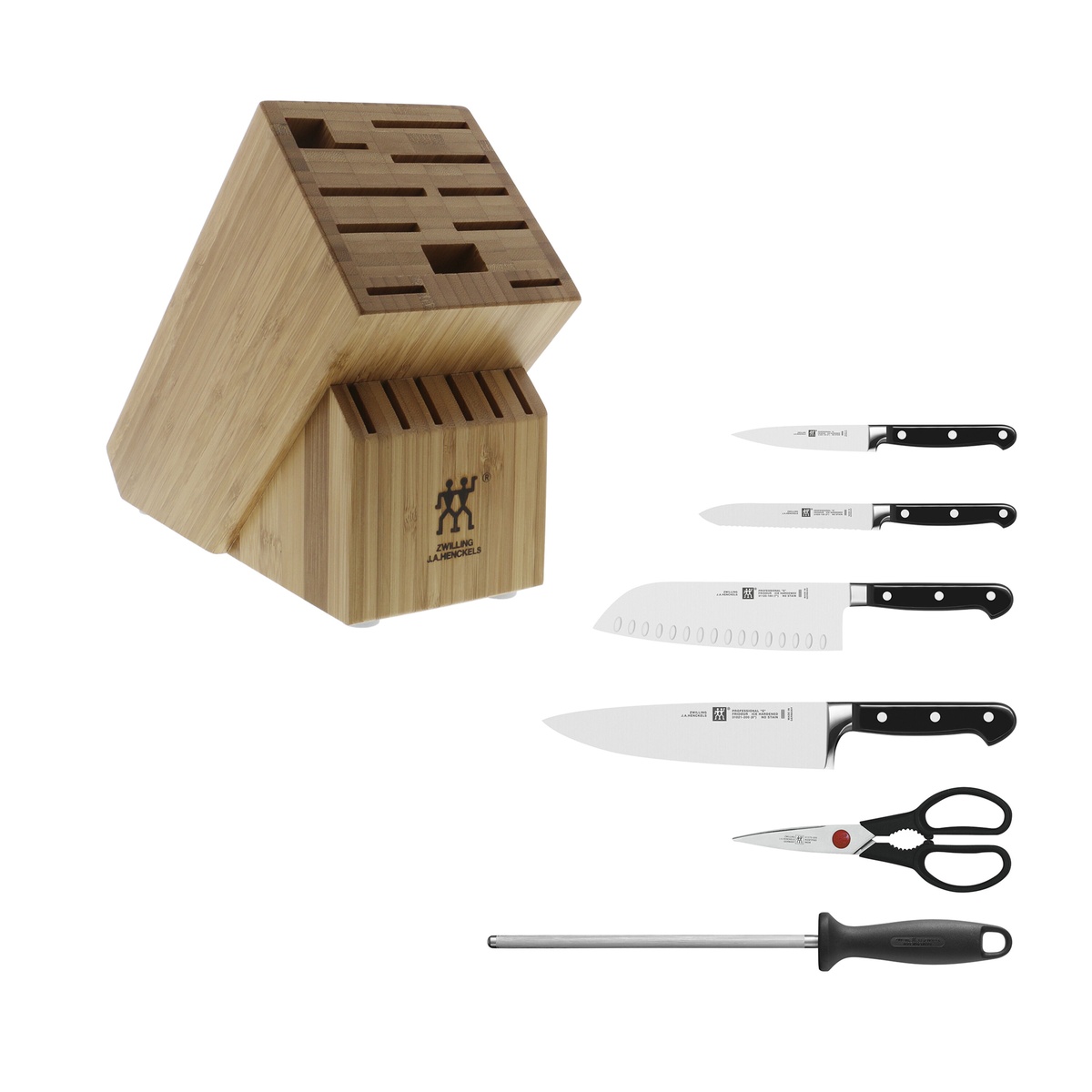 Components of the 7-piece Professional S knife set including chef's knife, santoku, and shears
