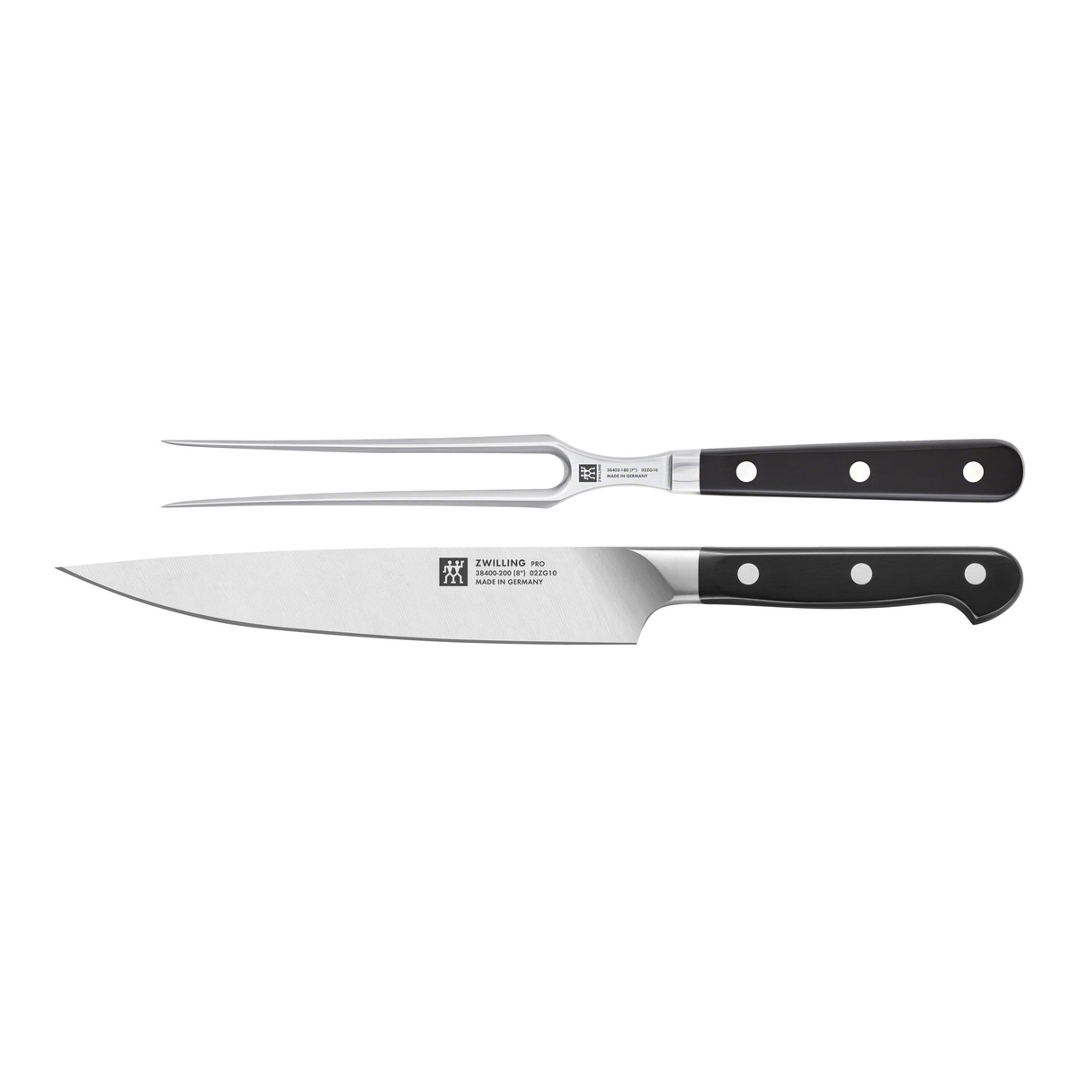 ZWILLING Pro 2-piece carving set showing 8-inch carving knife and 7-inch carving fork with black triple-riveted handles