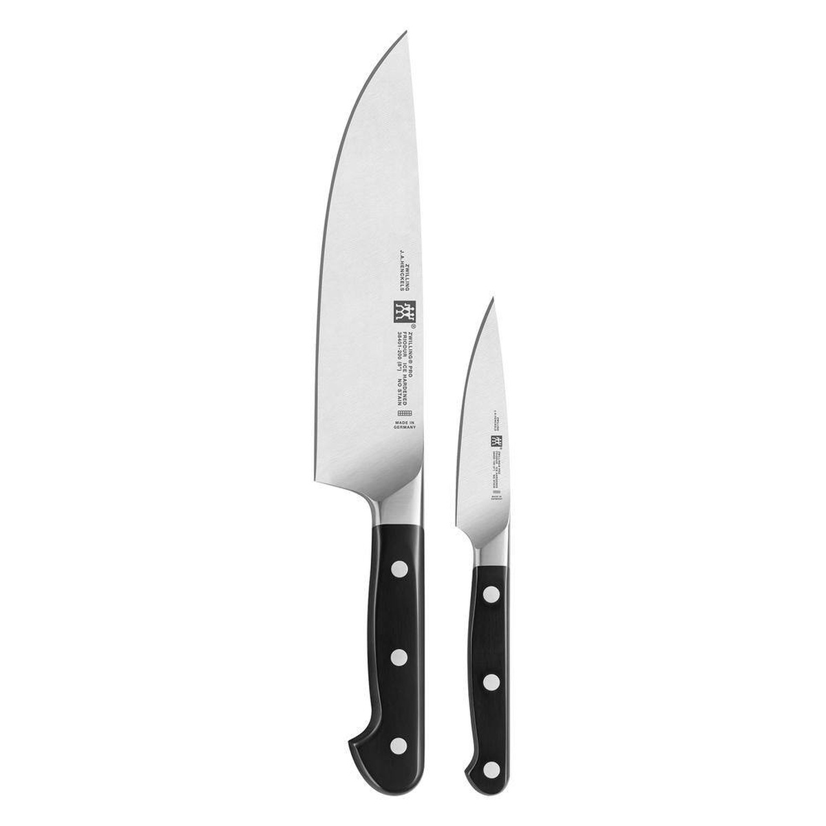 ZWILLING Pro 2-piece knife set showing an 8-inch chef's knife and a 4-inch paring knife with black triple-riveted handles