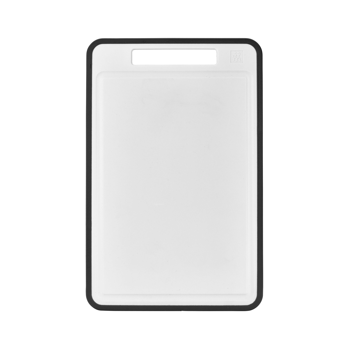 White BPA-free cutting board with black border and handle slot