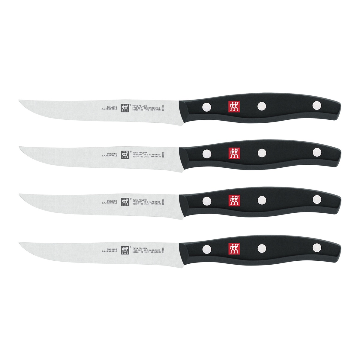 ZWILLING J.A. Henckels 4-piece steak knife set with black matte triple-rivet handles and ice-hardened stainless steel blades on white background