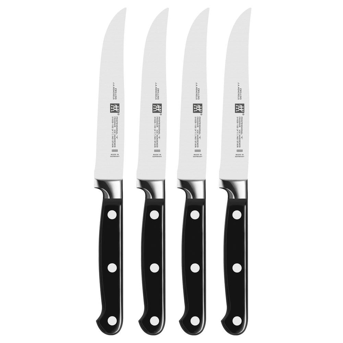 ZWILLING Professional S set of 4 steak knives with stainless steel blades and black three-rivet handles on white background