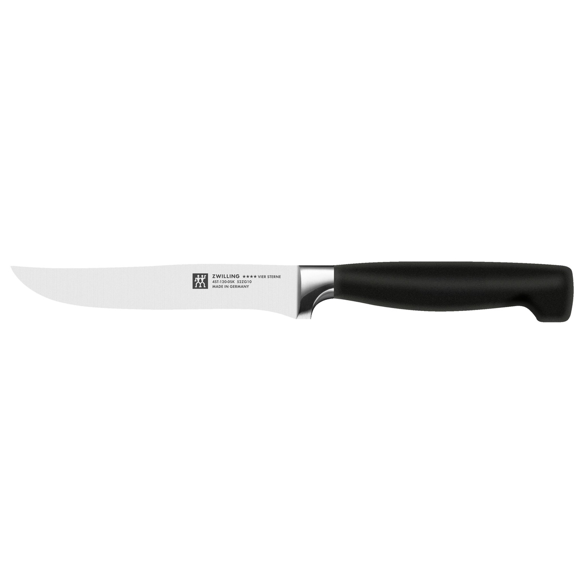 Single ZWILLING Four Star steak knife close-up showing the stainless steel blade, polished bolster, and matte black handle on a white background