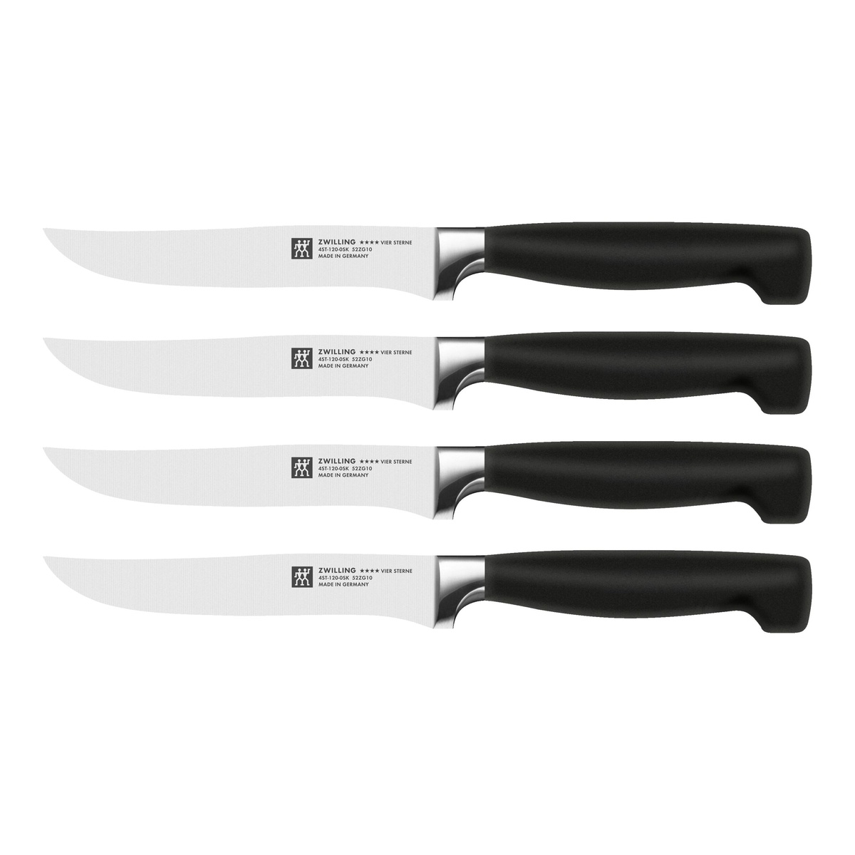 Set of four ZWILLING Four Star steak knives with black matte handles and stainless steel blades arranged vertically on a white background