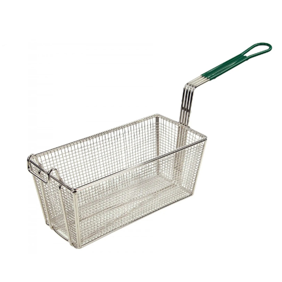 Rectangular nickel-plated fry basket with green plastic handle