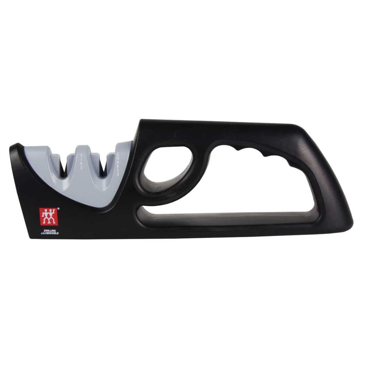 ZWILLING J.A. Henckels 2-Stage Pull-Through Knife Sharpener in black and gray, showing dual ceramic sharpening slots and ergonomic safety handle