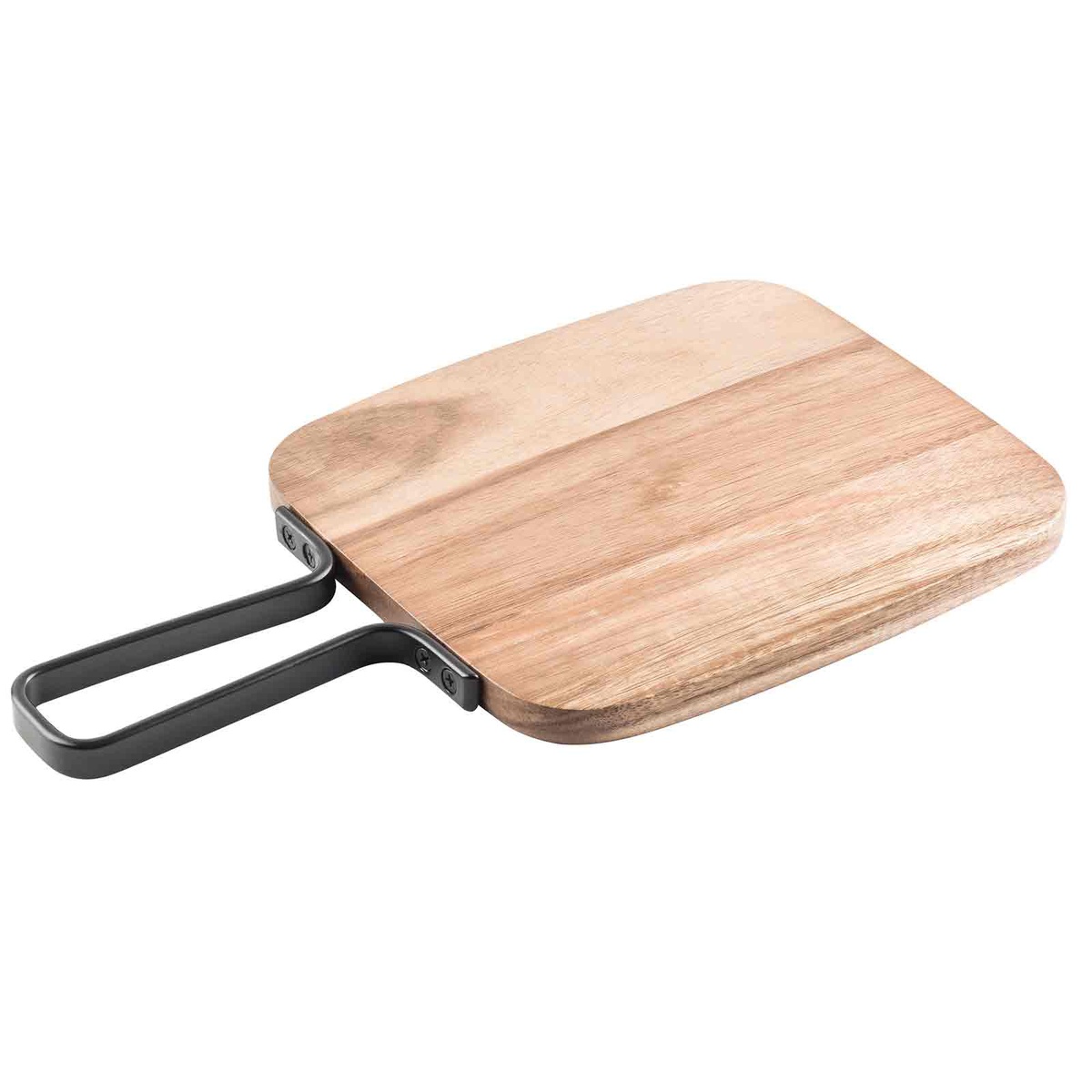 TableCraft 10076 rectangular acacia wood serving paddle with black powder-coated metal handle