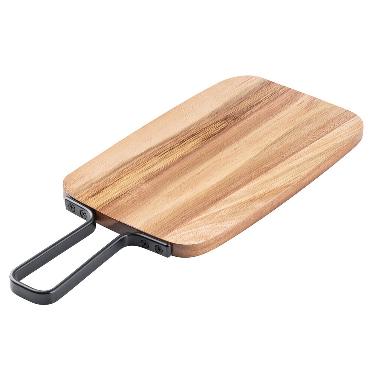 Tablecraft 10077 rectangular acacia wood serving board with black powder-coated metal handle