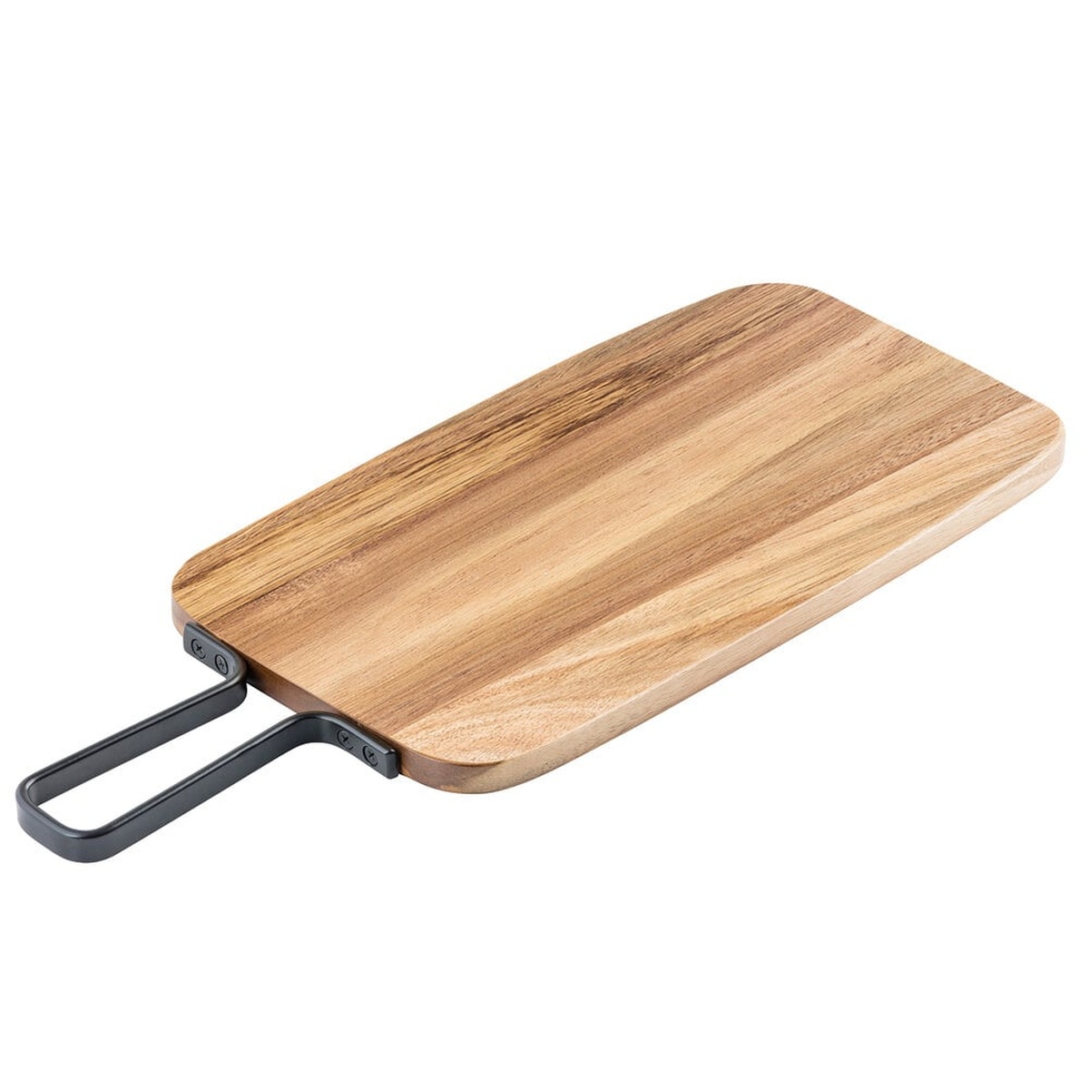 TableCraft 10078 rectangular acacia wood serving board with black powder coated metal handle