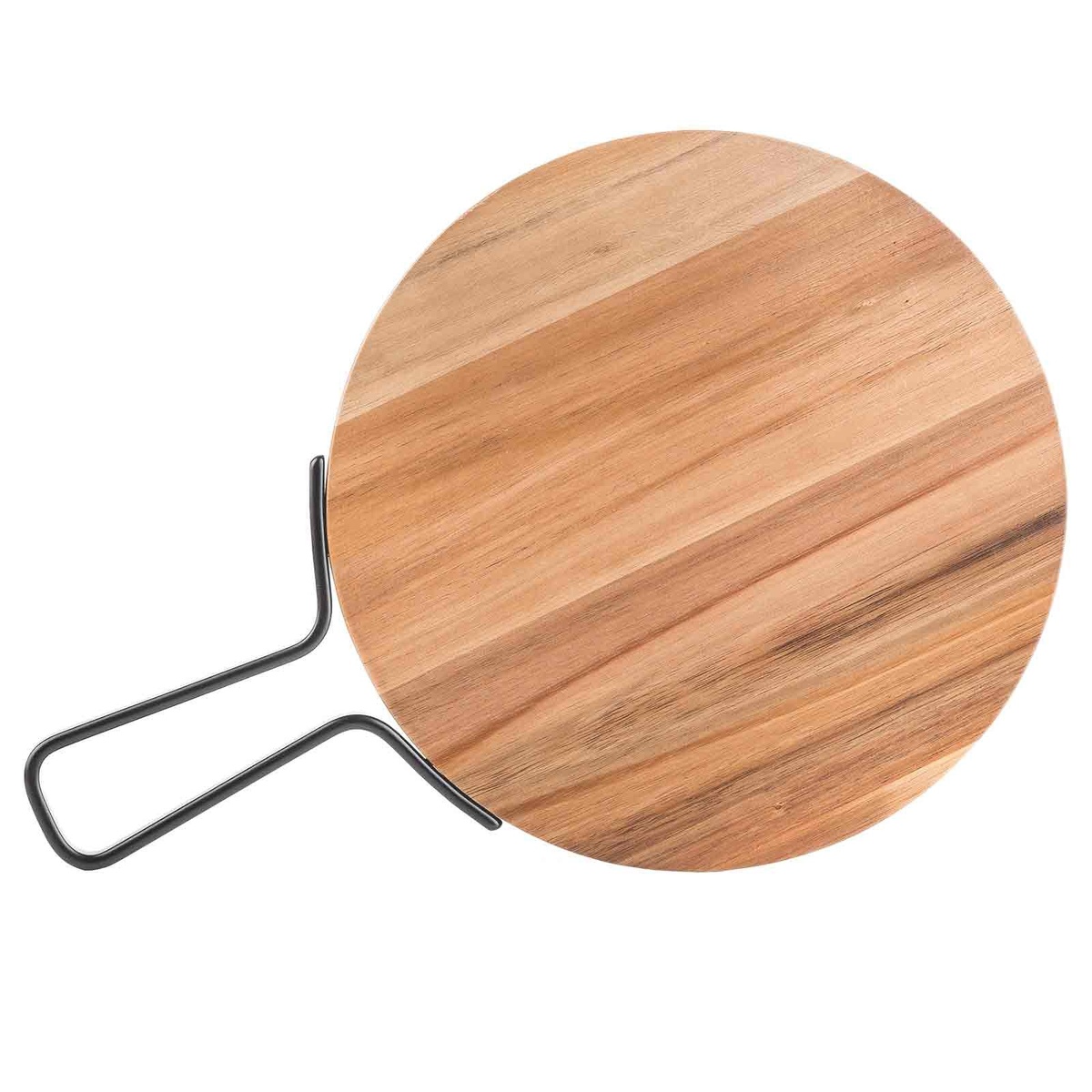 TableCraft Industrial Collection 12-inch round acacia wood serving paddle with black powder-coated metal handle, product view on white background