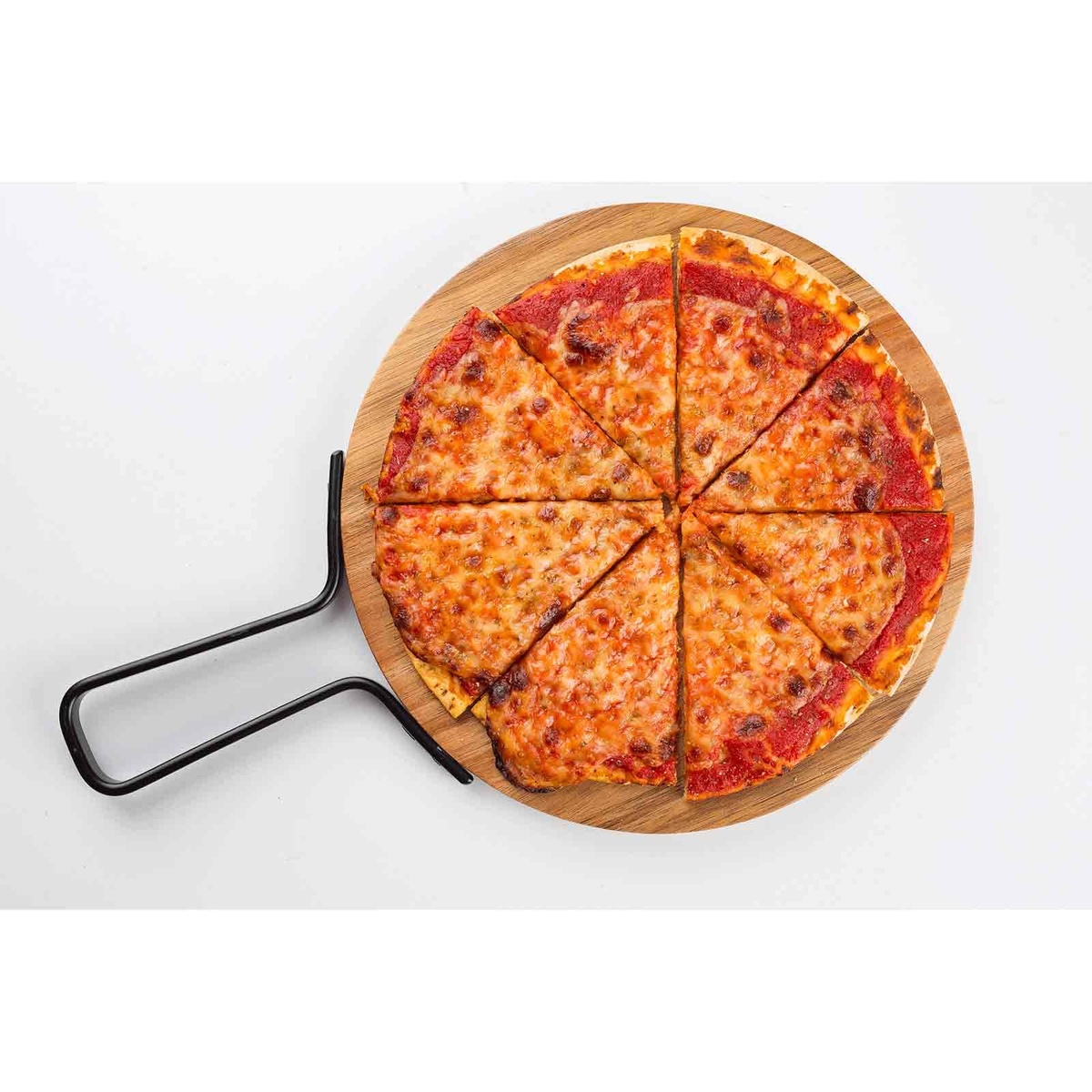 TableCraft 12-inch round acacia wood serving paddle displayed with a sliced cheese pizza on a neutral background