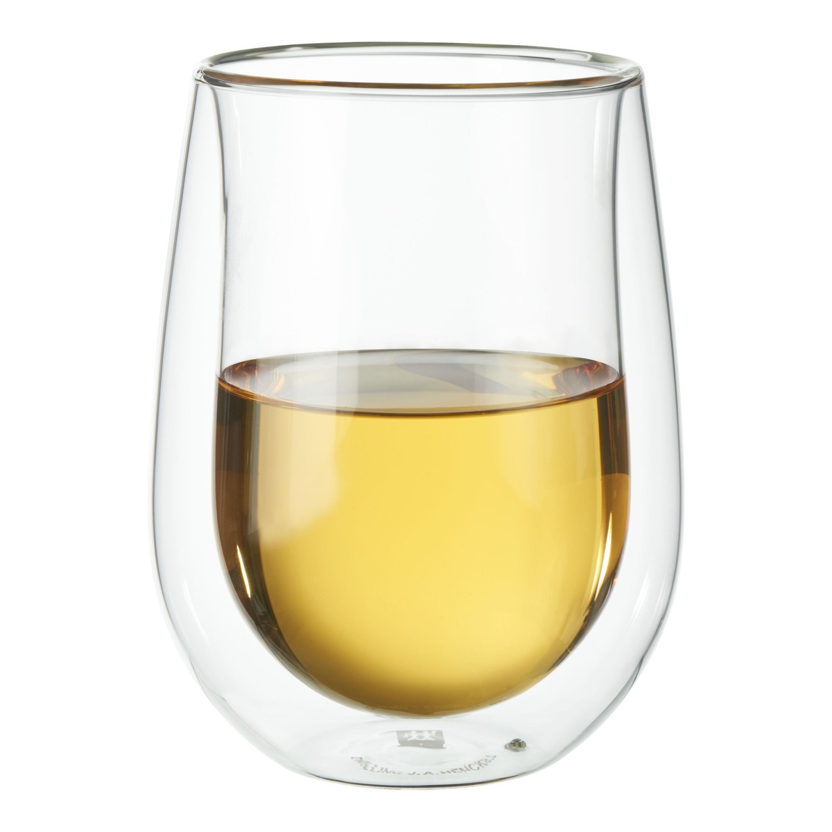 ZWILLING Sorrento double-wall stemless white wine glass filled with white wine, shown on white background