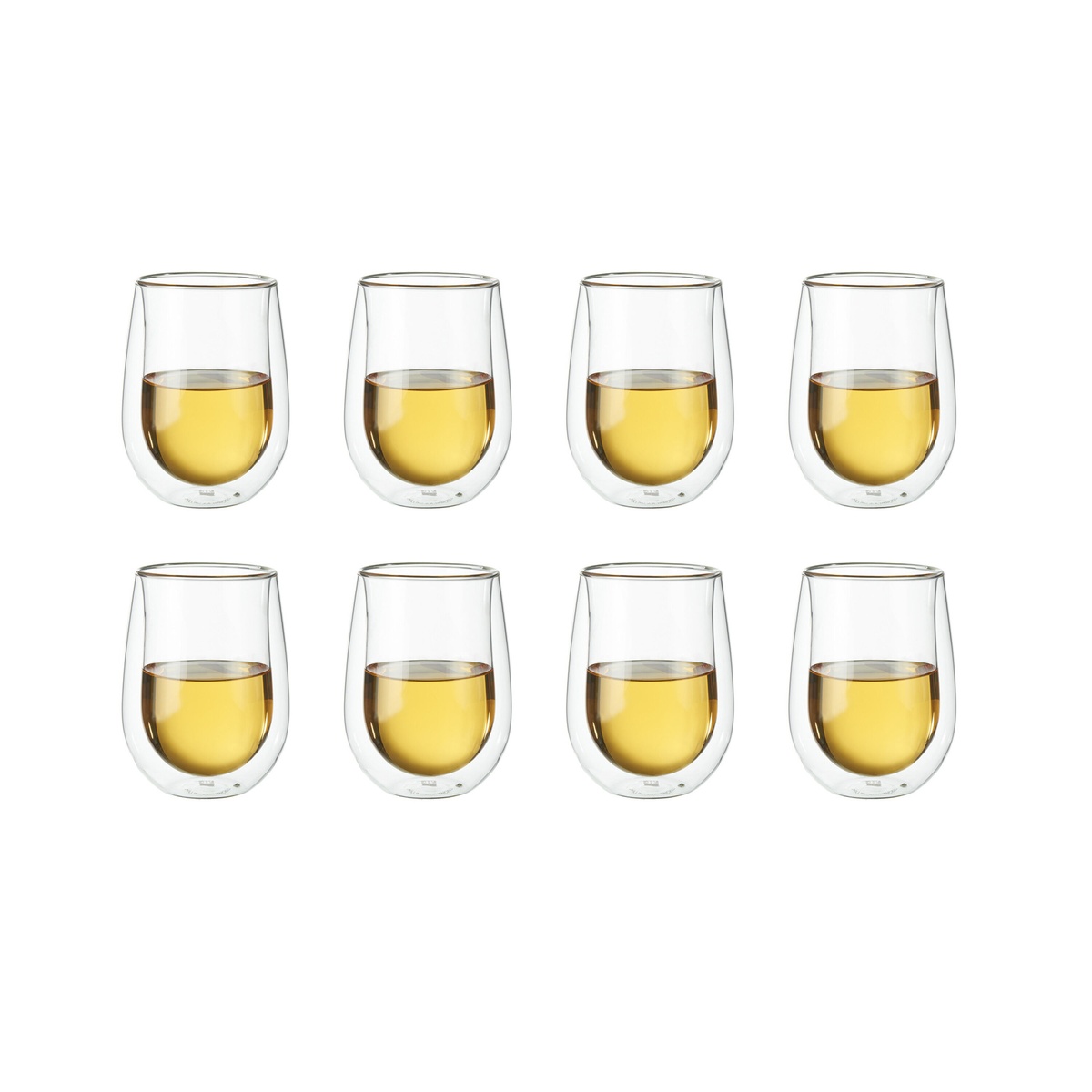 Eight ZWILLING Sorrento double-wall stemless white wine glasses filled with white wine, arranged in two rows on white background
