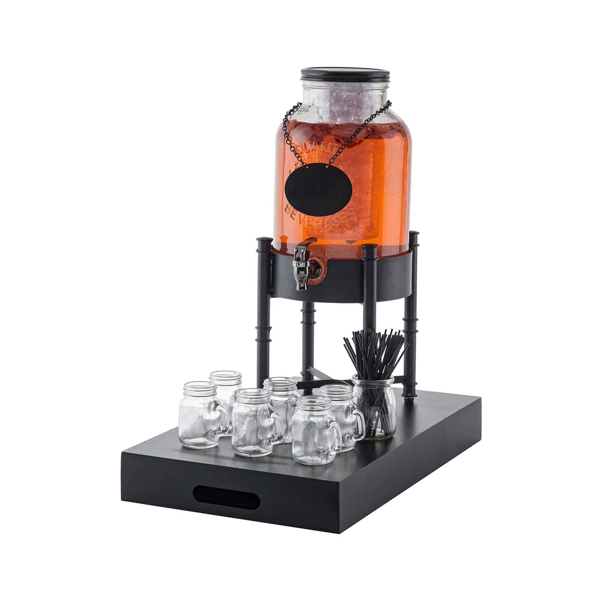 TableCraft 10090 glass beverage dispenser filled with orange drink, displayed on a black industrial riser stand alongside mason jar glasses and black straws