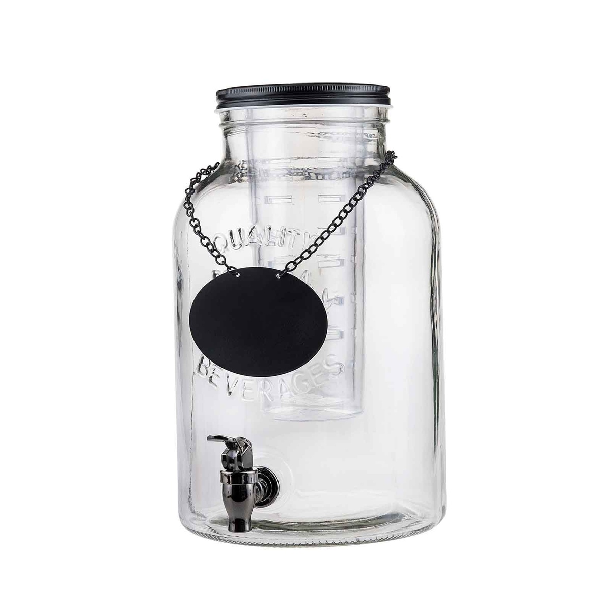 TableCraft 10090 Industrial Collection 2-gallon clear glass beverage dispenser with chrome faucet, infuser core, and oval chalkboard necklace on white background