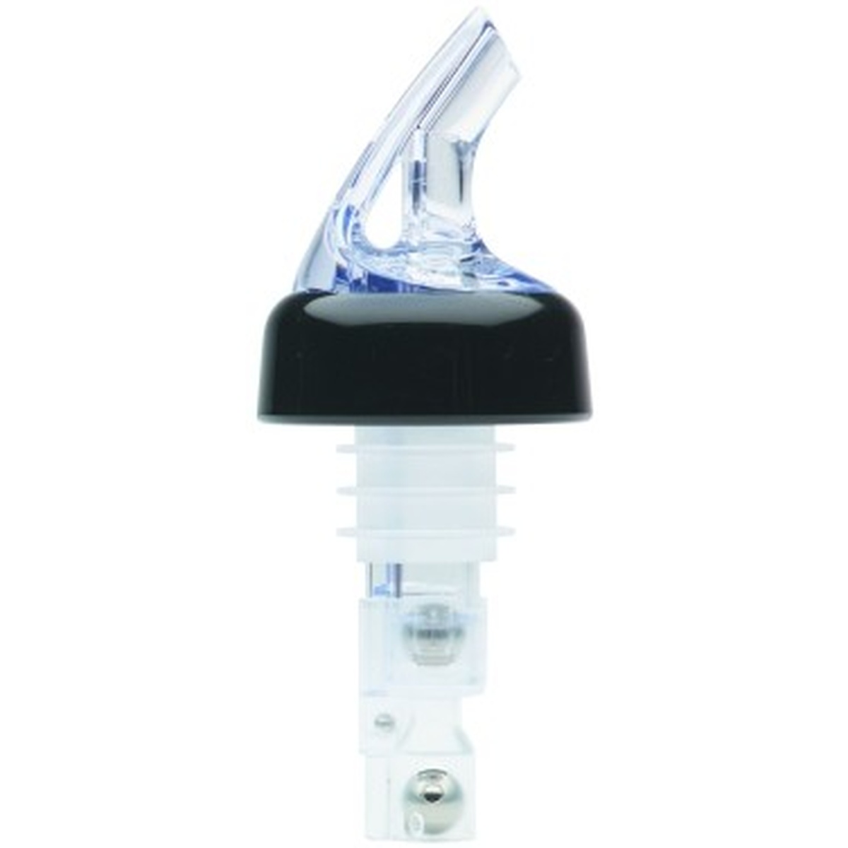Precision Pours 100CLC clear 1 oz. measured liquor pourer with black collar and visible ball bearings