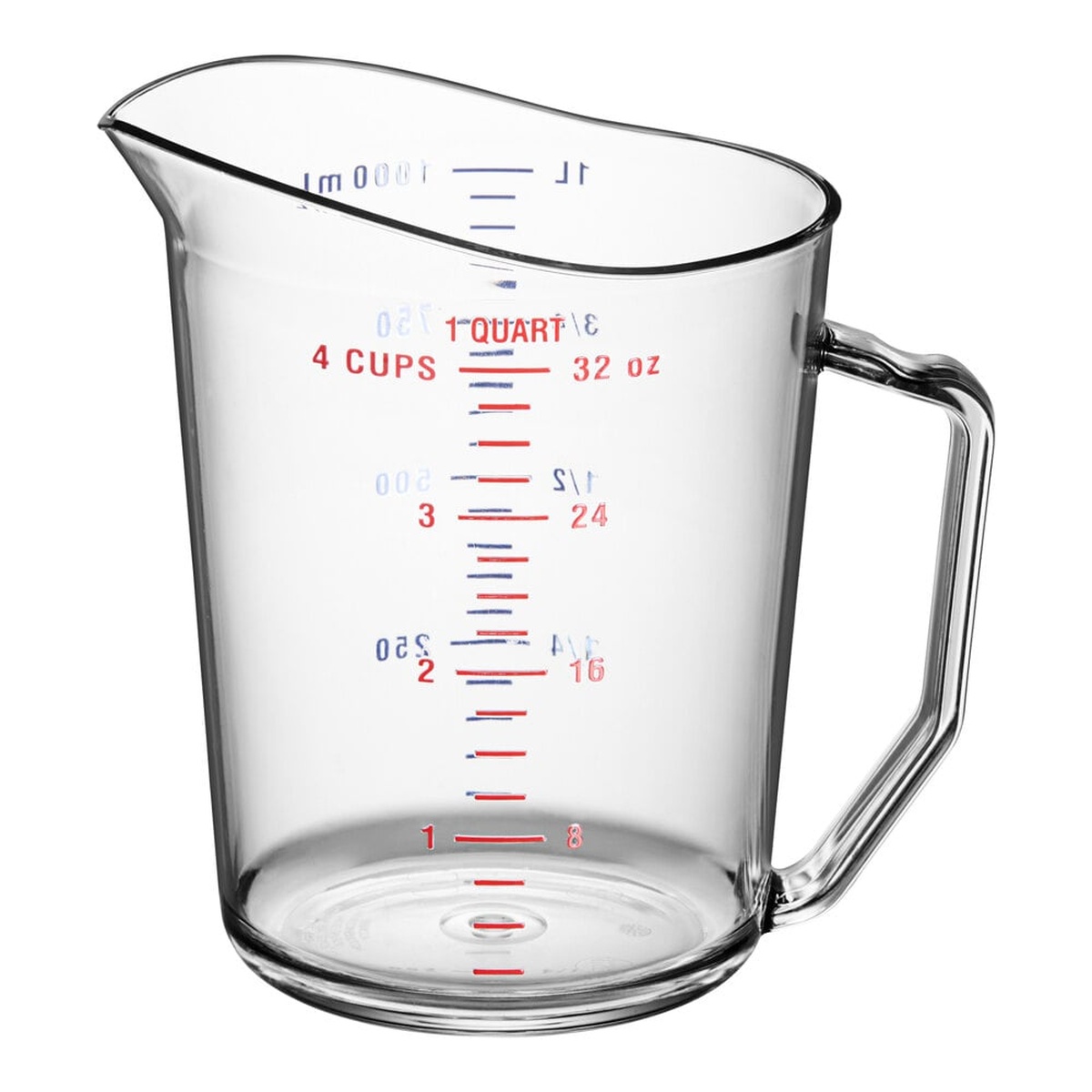 Cambro 100MCCW135 1 qt. clear polycarbonate measuring cup showing red and blue graduation markings